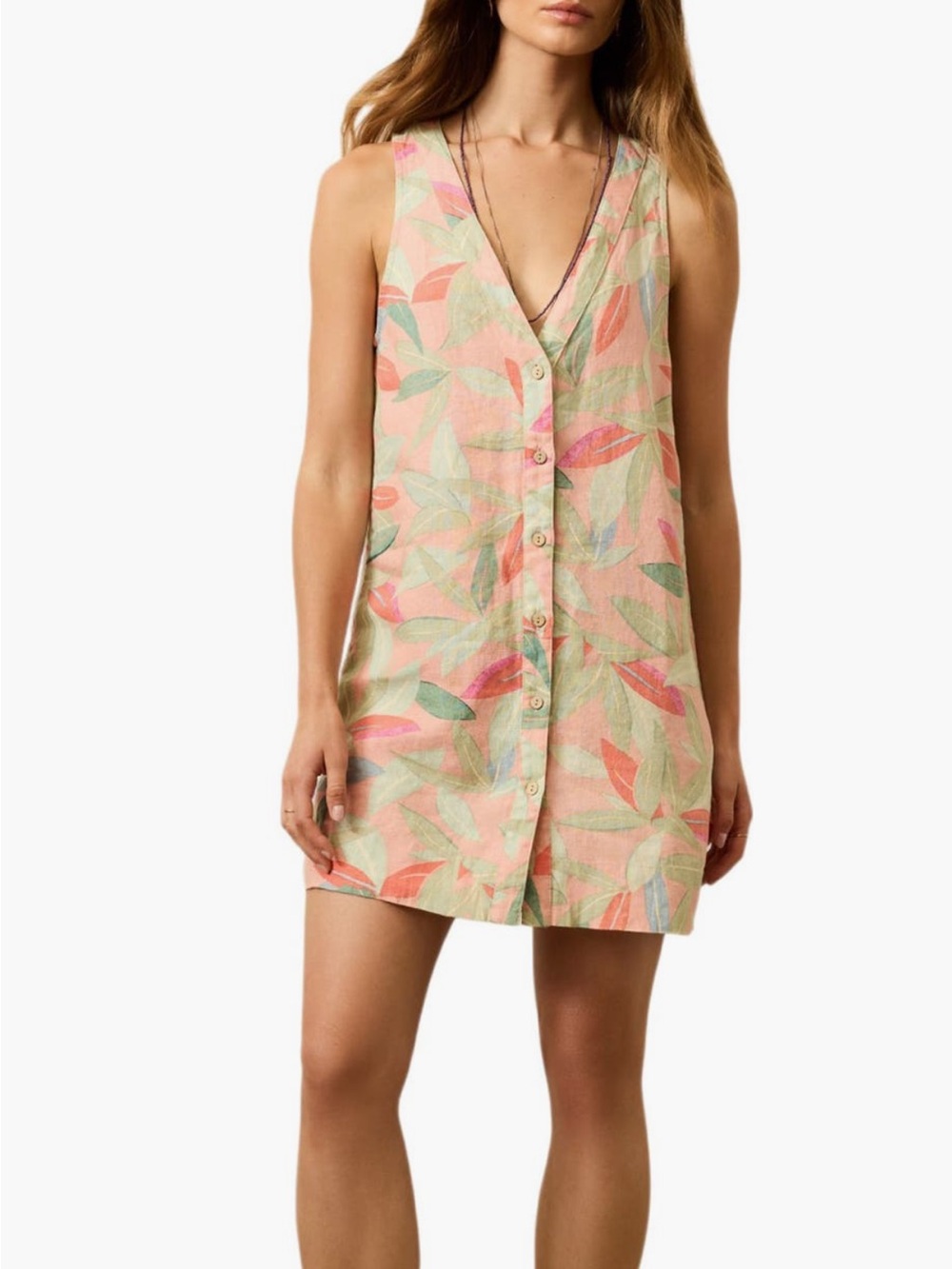 Faherty Alston Sleeveless Button-Front Linen Dress in Pink and Green Leaf Print